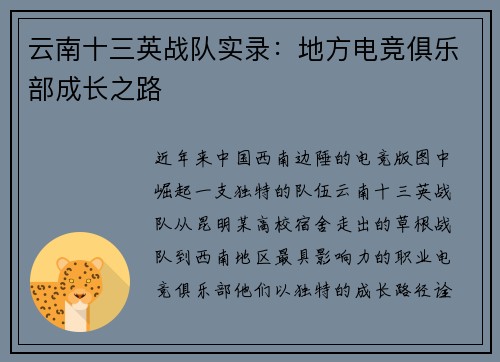 云南十三英战队实录：地方电竞俱乐部成长之路