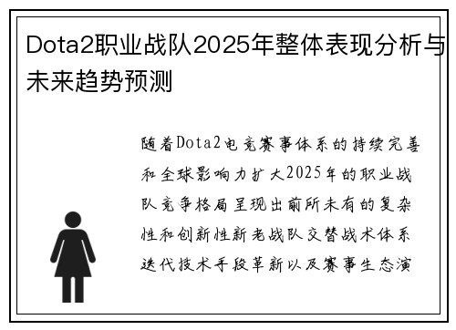 Dota2职业战队2025年整体表现分析与未来趋势预测